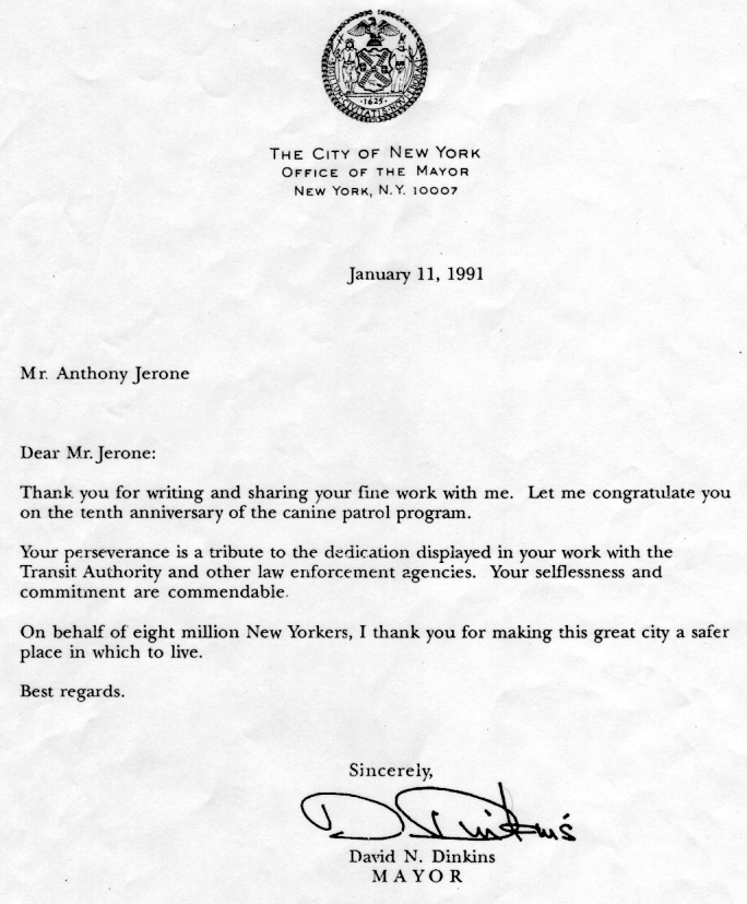 Anthony Jerone - Letter from Mayor Dinkins