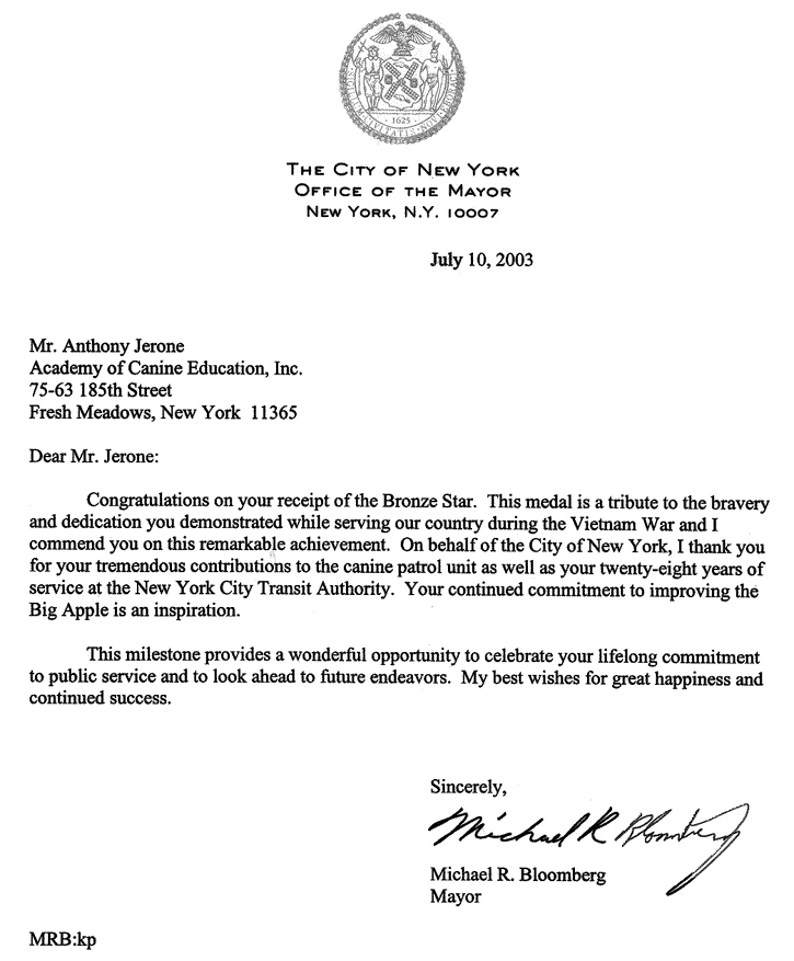 Anthony Jerone's Appreciation letter Mayor Michael Bloomberg